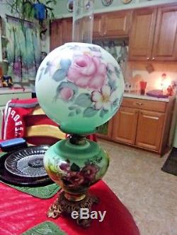 Antique Gone With The Wind Oil Lamp Victorian Parlor Painted Pink Rose Green