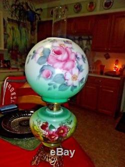 Antique Gone With The Wind Oil Lamp Victorian Parlor Painted Pink Rose Green