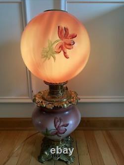 Antique Gone With Wind Hand Paint Parlor Oil Lamp Victorian Red Floral GWTW 25