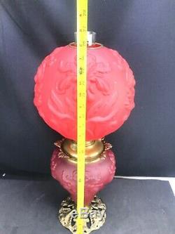 Antique Gone with Wind Banquet Oil Lamp Red Cardinal Satin Glass GWTW Success