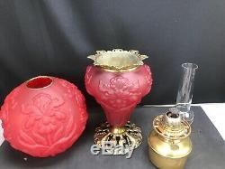 Antique Gone with Wind Banquet Oil Lamp Red Cardinal Satin Glass GWTW Success