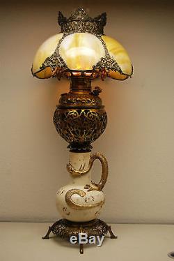 Antique Gwtw Old Victorian Slag Glass Chinese Japanese Dragon Oil Kerosene Lamp