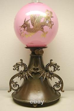 Antique Gwtw Victorian Oil Kerosene Chinese Gilt Dragon Japanese Asian B&h Lamp