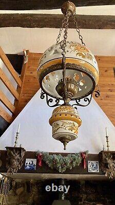 Antique Hand Painted Ceramic Hanging Oil Lamp converted to electric