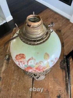 Antique Hand Painted Floral Glass Oil Hurricane Brass Lamp Electric BASE ONLY