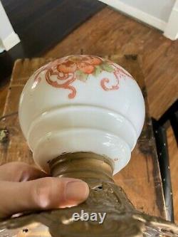 Antique Hand Painted Floral Glass Oil Hurricane Brass Lamp Electric BASE ONLY