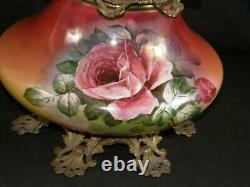 Antique Hand Painted Gone with the Wind GWTW OIL Lamp With ROSES Flowers LRG