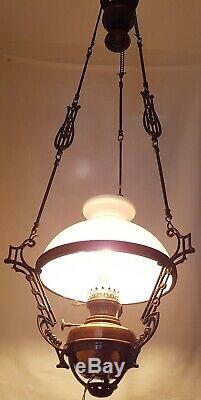 Antique Hanging Oil Lamp Adjustable Rise & Fall Mechanism Lyre Shaped Details