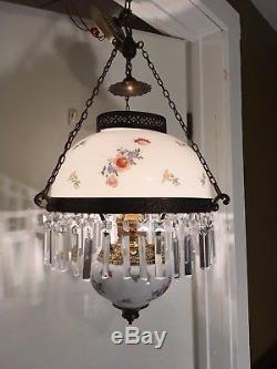 Antique Hanging Oil Lamp Electrified Victorian Parlor Light Fixture Vtg Floral