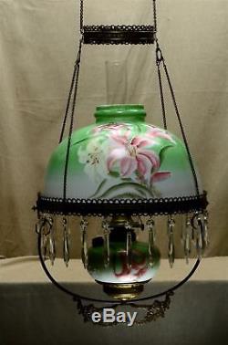 Antique Hanging Oil Lamp HP Shade & Font Pink Lily -24 Crystals Spring Pull Dn