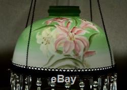 Antique Hanging Oil Lamp HP Shade & Font Pink Lily -24 Crystals Spring Pull Dn