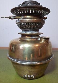 Antique Hanging Oil Lamp with brass font, milk-glass shade and glass chimney
