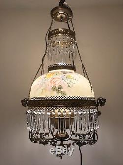 Antique Hanging Oil Parlor Library Lamp Hand Painted Glass Shade