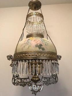 Antique Hanging Oil Parlor Library Lamp Hand Painted Glass Shade