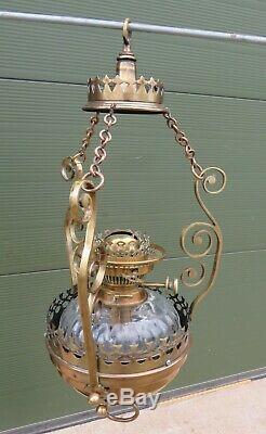 Antique Hinks Hanging Brass & Glass Oil Lamp with Duplex Burner