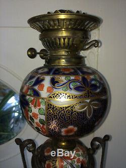 Antique Imari Porcelain Large Victorian Oil Lamp Brass Youngs Duplex Burner
