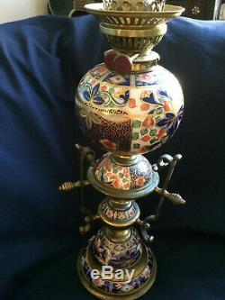 Antique Imari Porcelain Large Victorian Oil Lamp Brass Youngs Duplex Burner