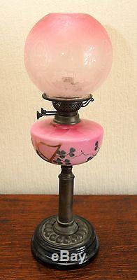 Antique Irish Victorian Oil Lamp Painted Harps/Shamrocks Etched Shade Working