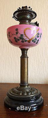 Antique Irish Victorian Oil Lamp Painted Harps/Shamrocks Etched Shade Working