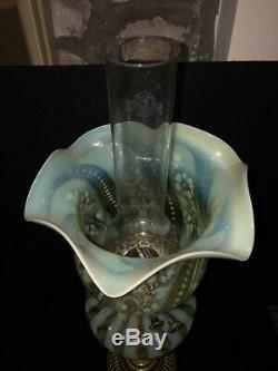 Antique JOHN WALSH Uranium Vaseline Straw Opal Glass OIL LAMP Youngs No. 1 burner