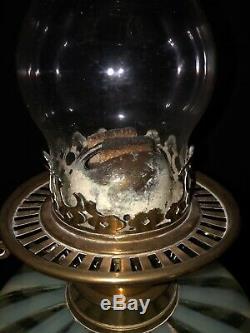 Antique JOHN WALSH Uranium Vaseline Straw Opal Glass OIL LAMP Youngs No. 1 burner