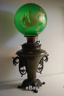 Antique Kerosene Oil Gwtw B&h Chinese Dragon Emerald Green Victorian Parlor Lamp