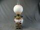 Antique Large Converted Oil Lamp Victorian Brass Painted Flowers Milk Glass GWTW
