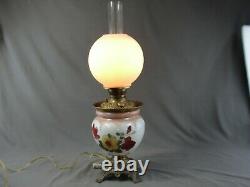 Antique Large Converted Oil Lamp Victorian Brass Painted Flowers Milk Glass GWTW