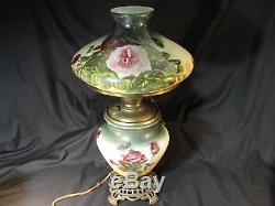 Antique Large SUCCESS Hand Painted Roses Glass Shade Converted Oil Lamp GWTW