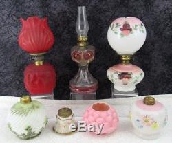 Antique Lot Victorian Miniature Glass Oil Lamp Fonts, Shades, Burners