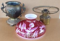 Antique MILLER Kerosene Oil Parlor Lamp Griffins Ruby Red Calla-Lily Glass Shade