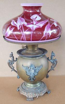 Antique MILLER Kerosene Oil Parlor Lamp Griffins Ruby Red Calla-Lily Glass Shade
