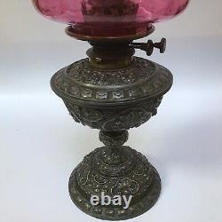 Antique Maple & Co Duplex Oil Lamp With Stained Cranberry Glass Shade