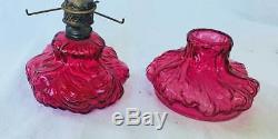 Antique Miniature Cranberry Victorian 2 Part Mini Oil Lamp Shade Acorn Burner 7