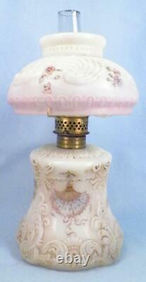 Antique Miniature Lamp Oil Kerosene Milk Glass Shells Scrolls Flowers with Shade