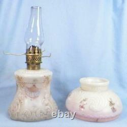Antique Miniature Lamp Oil Kerosene Milk Glass Shells Scrolls Flowers with Shade