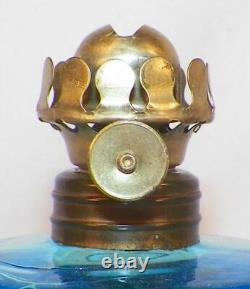 Antique Miniature Oil Kerosene Lamp Blue Glass EAPG Old Chimney Stem New Burner