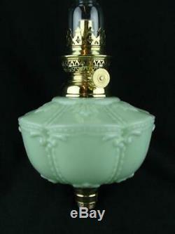 Antique Moulded Green Glass Oil Lamp Font + Brass 8' Kosmos Burner + Chimney