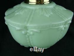 Antique Moulded Green Glass Oil Lamp Font + Brass 8' Kosmos Burner + Chimney