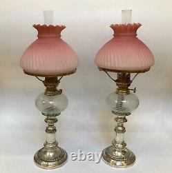 Antique Near Pair Of Peg Oil Lamps Cranberry Satin Glass Shades Opalescent Fonts