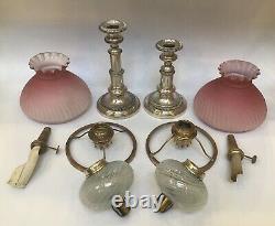 Antique Near Pair Of Peg Oil Lamps Cranberry Satin Glass Shades Opalescent Fonts