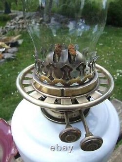 Antique OIL LAMP Hinks ceramic brass base Wright & Butler burner Cranberry shade