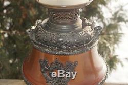Antique ORANTE 1880s B & H Bradley Hubbard Kerosene Oil Lamp WithSatin Glass Shade
