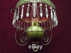 Antique Oil Hanging Lamp Parloir Cranberry Hobnail Glass Shade Pittsburg RARE