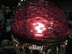 Antique Oil Hanging Lamp Parloir Cranberry Hobnail Glass Shade Pittsburg RARE