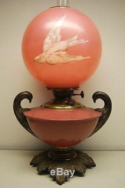 Antique Oil Kerosene B&h Miller Banquet Victorian Glass Swift Bird Pink Lamp