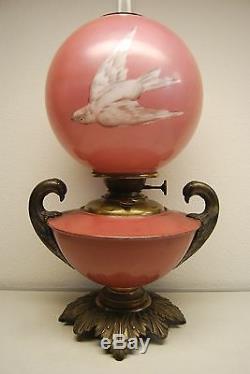 Antique Oil Kerosene B&h Miller Banquet Victorian Glass Swift Bird Pink Lamp