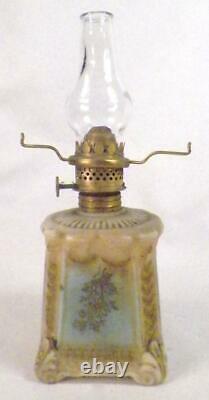 Antique Oil Kerosene Lamp Miniature Nara Night Light Milk Glass Flowers Base