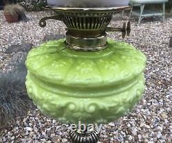 Antique Oil Lamp Acid Green/Yellow Cased Glass Font Duplex Burner