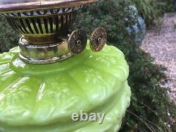Antique Oil Lamp Acid Green/Yellow Cased Glass Font Duplex Burner